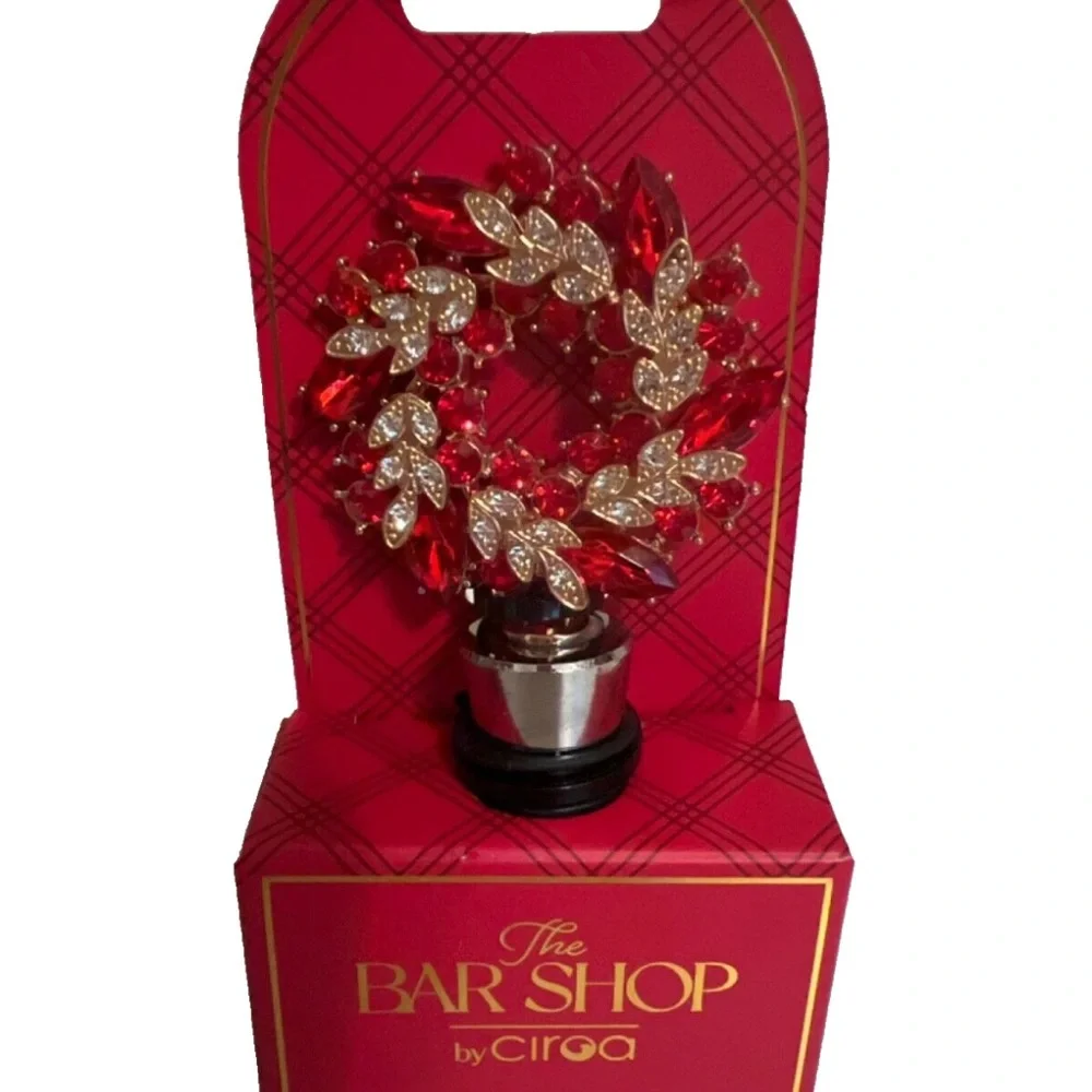 The Bar Shop Ciroa Christmas Wreath Rhinestone Bottle Stopper Clear Gold Red